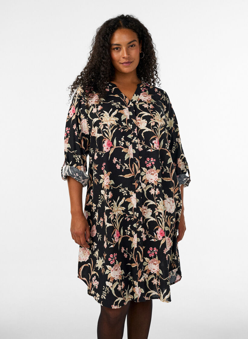 Chemise longue en lin et viscose, Noir, Model image number 0