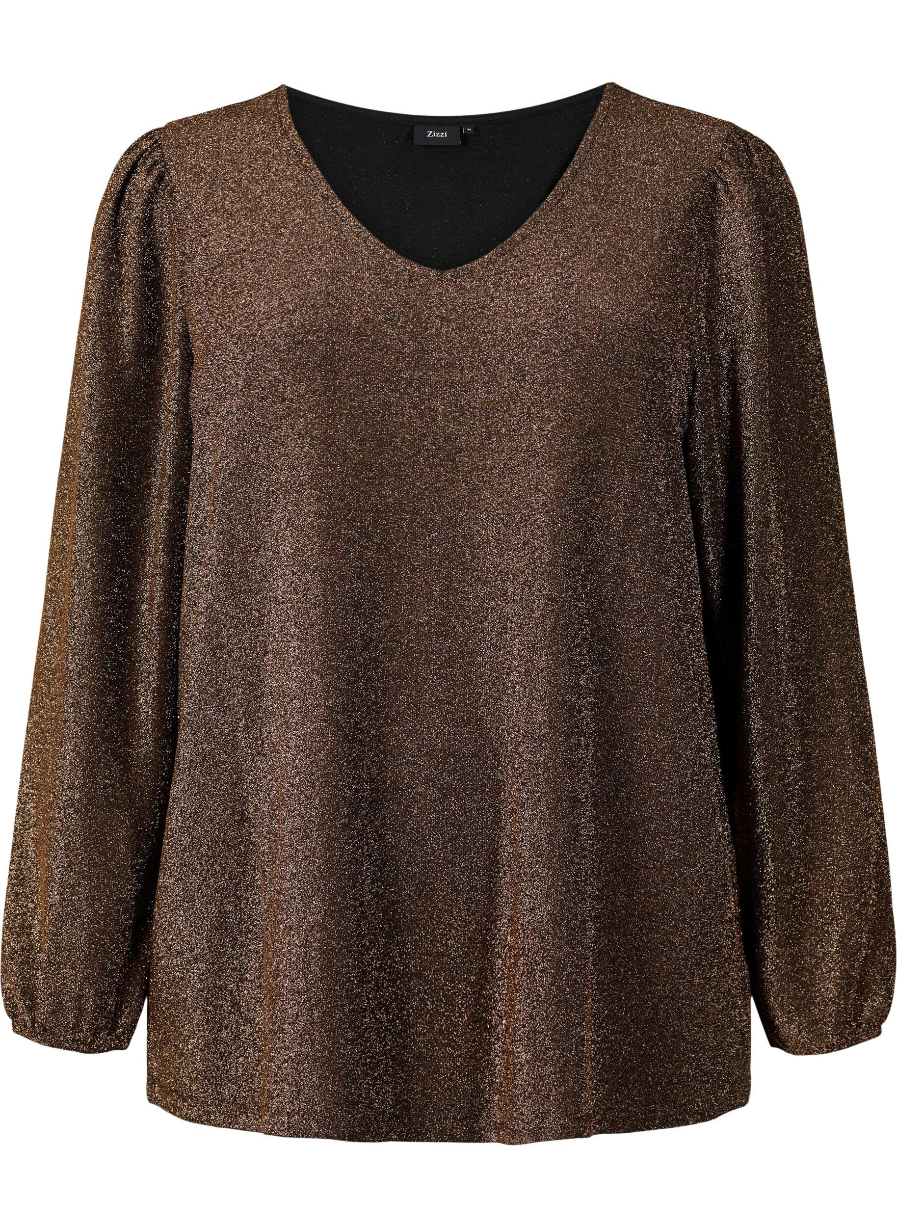 Zizzi Blouse scintillante avec manches bouffantes, Black Copper, Packshot image number 0