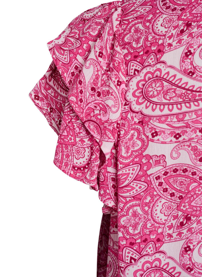 Blouse imprim&eacute;e en viscose avec volants, Rose, Packshot image number 3