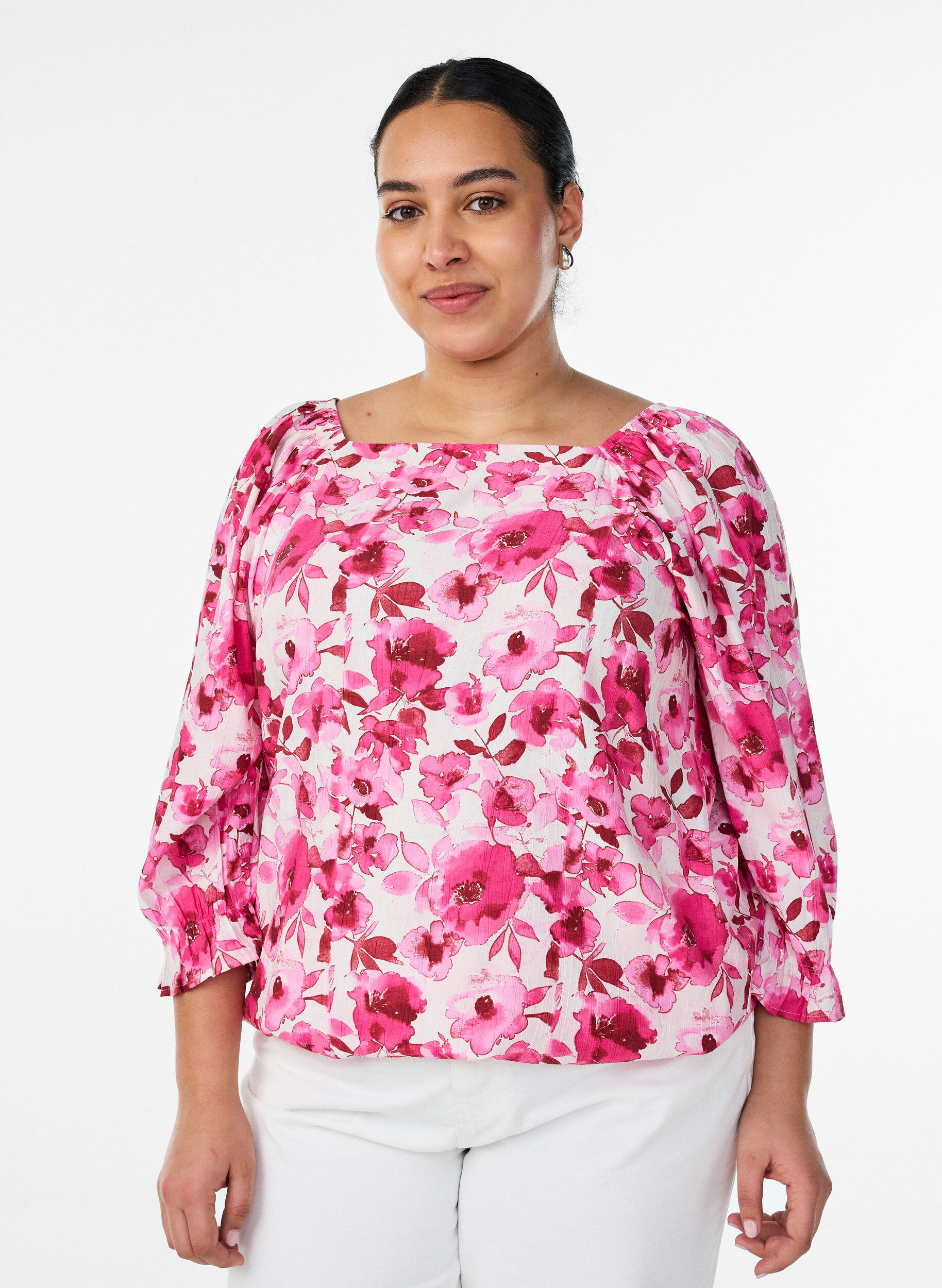 Zizzi Blouse en viscose &agrave; col carr&eacute; et manches 3/4, Rose, Model image number 0