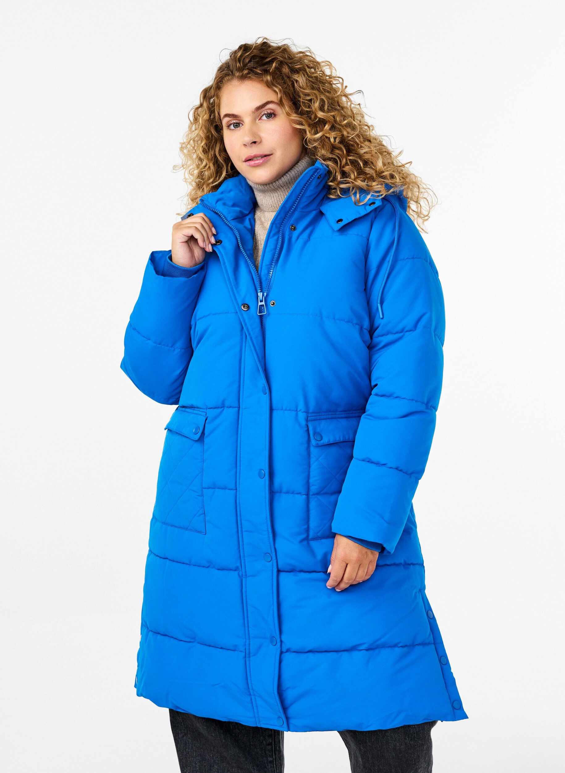 Zizzi Longue veste polaire avec poches et capuche, Bleu, Model image number 0