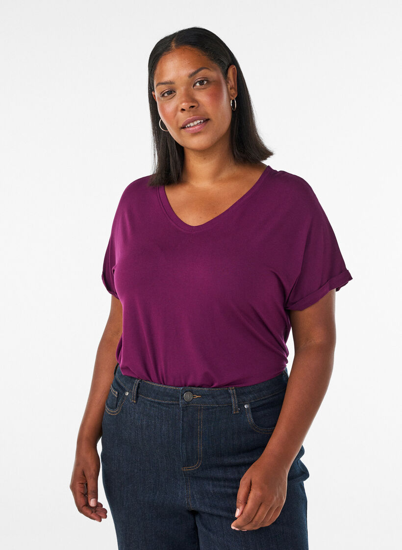 Basic T-shirt col V en viscose, Violet, Model image number 0
