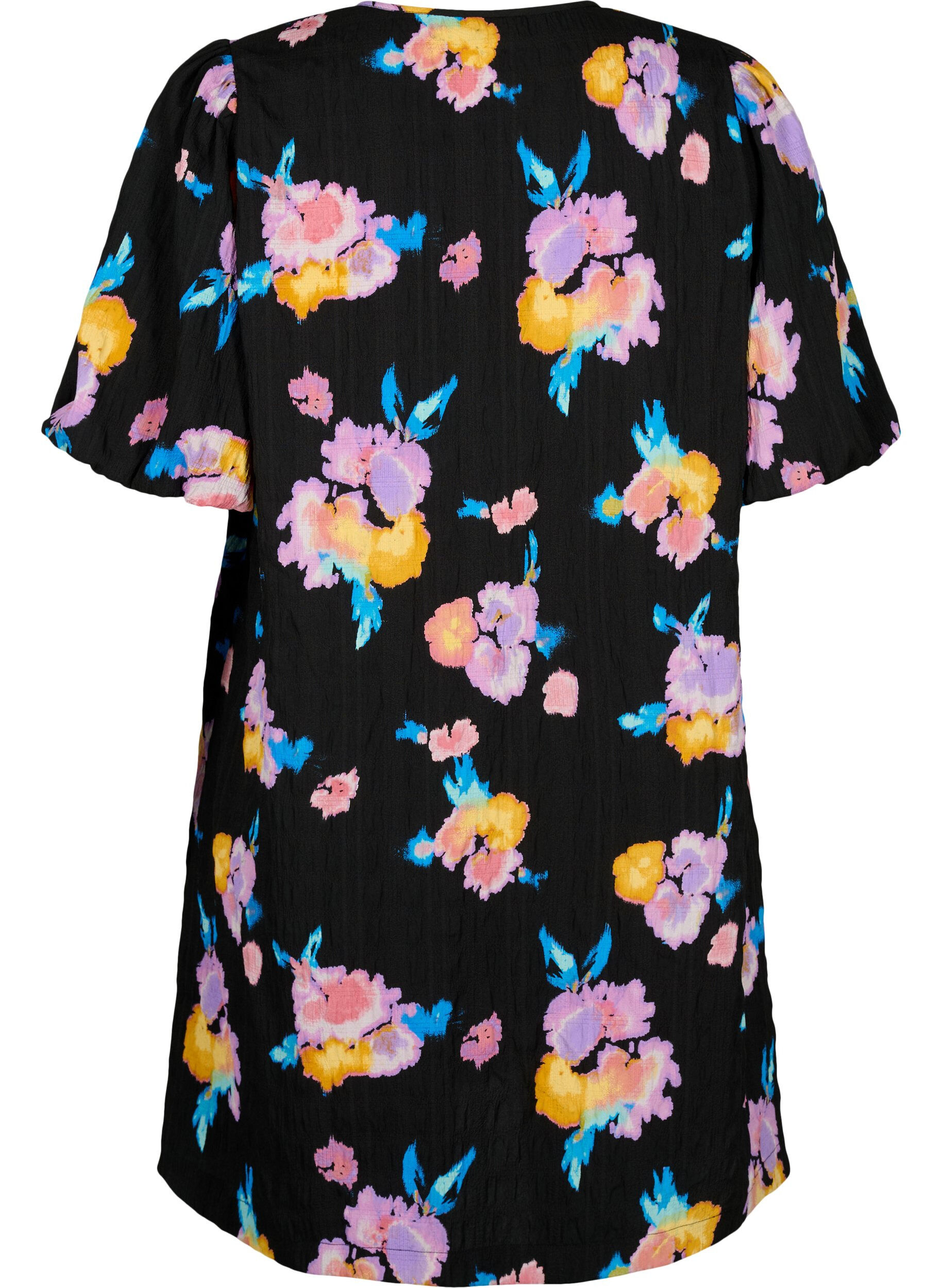 Zizzi Robe &agrave; manches courtes bouffantes et &agrave; imprim&eacute; floral, Noir, Packshot image number 1