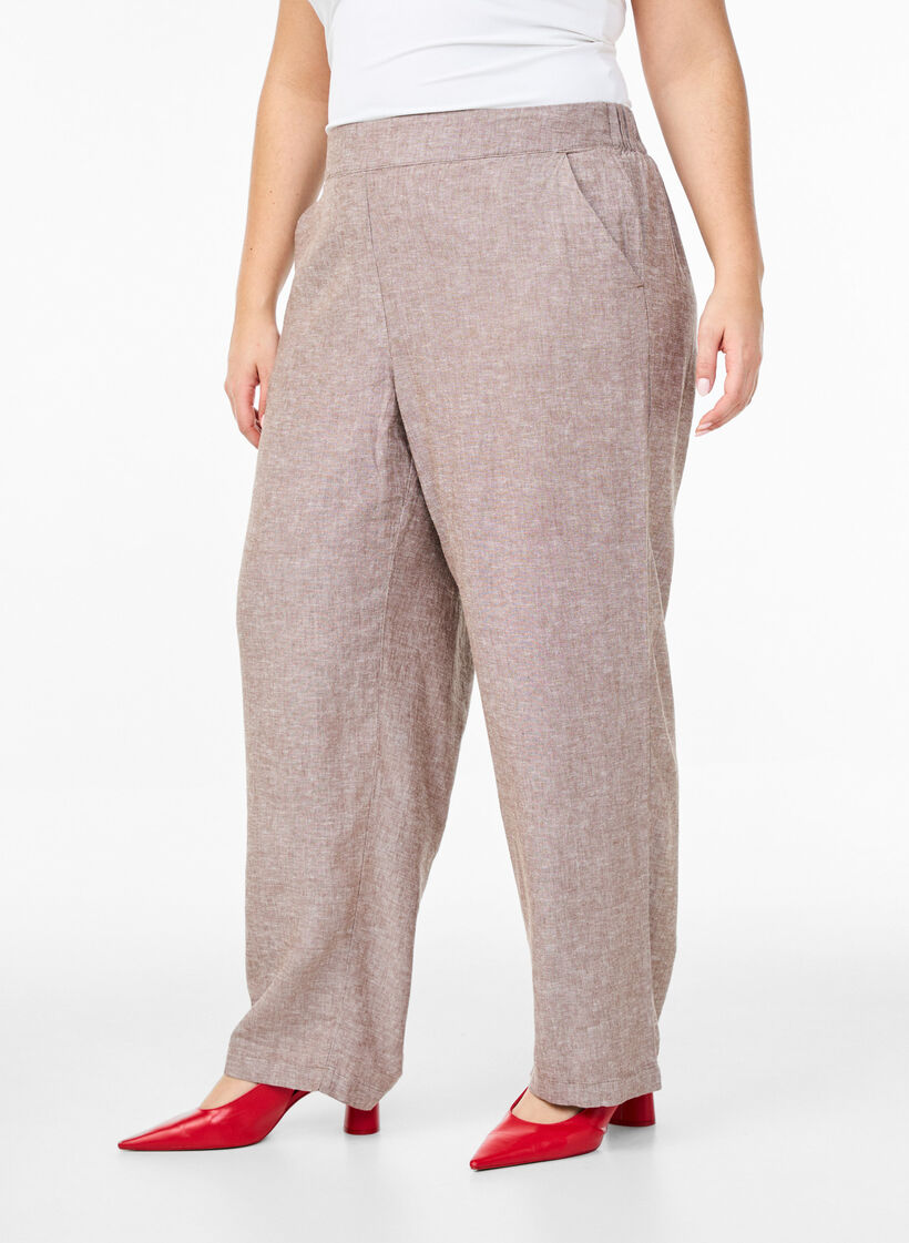 Pantalon ample en lin et viscose, Marron, Model image number 2