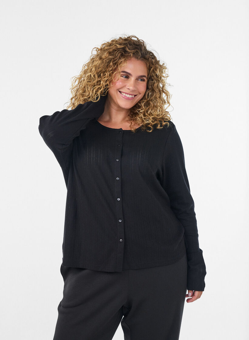 Cardigan en coton biologique avec broderie ajour&eacute;e, Noir, Model image number 0