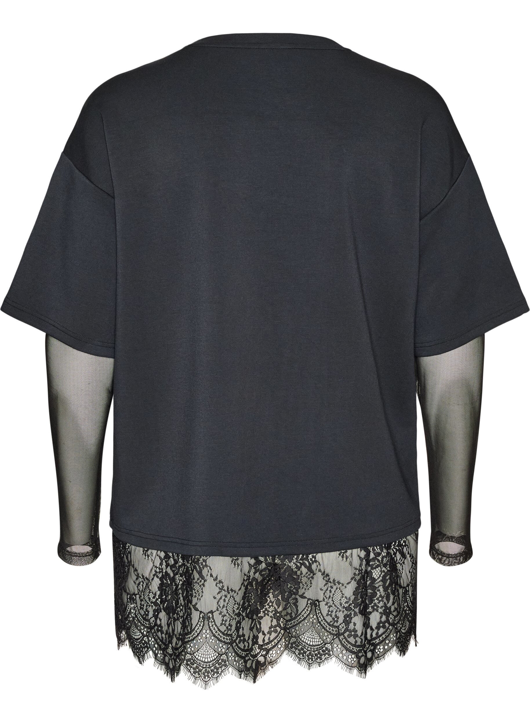 ZizziBlouse avec manches en maille et finitions en dentelle, Noir, Packshot image number 1
