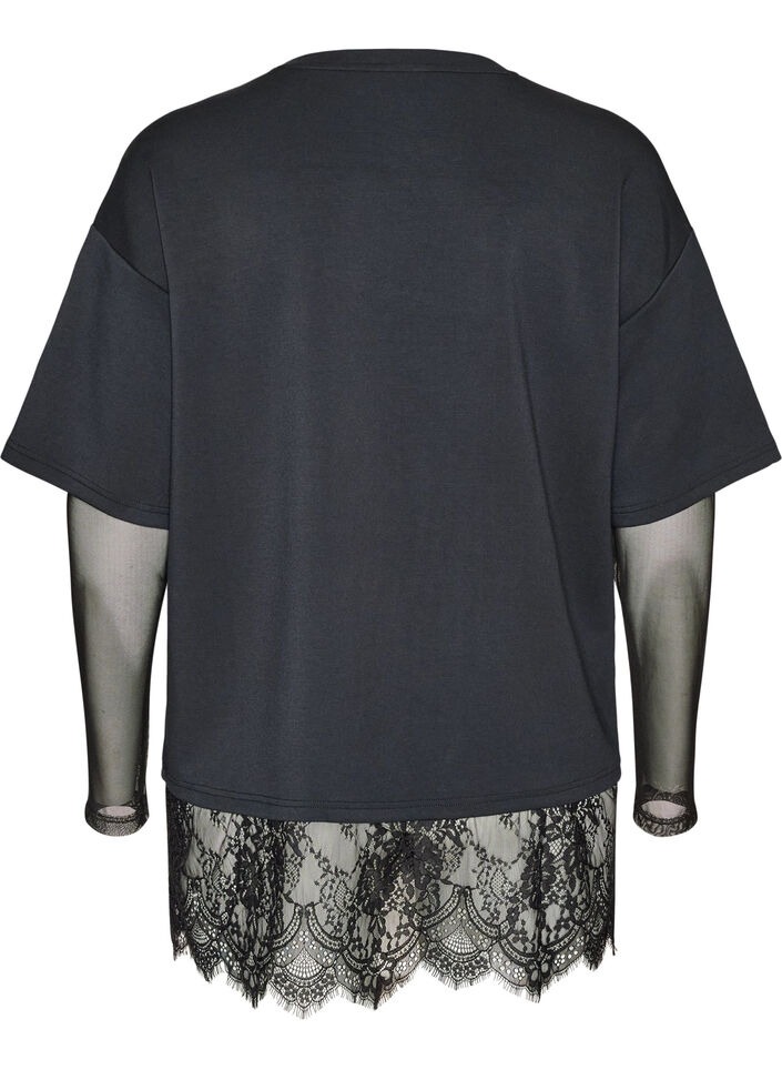 Blouse avec manches en maille et finitions en dentelle, Noir, Packshot image number 1