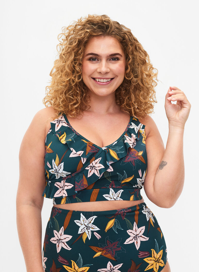 Soutien-gorge de bikini &agrave; fleurs avec d&eacute;tails &agrave; volants, Vert, Model image number 0