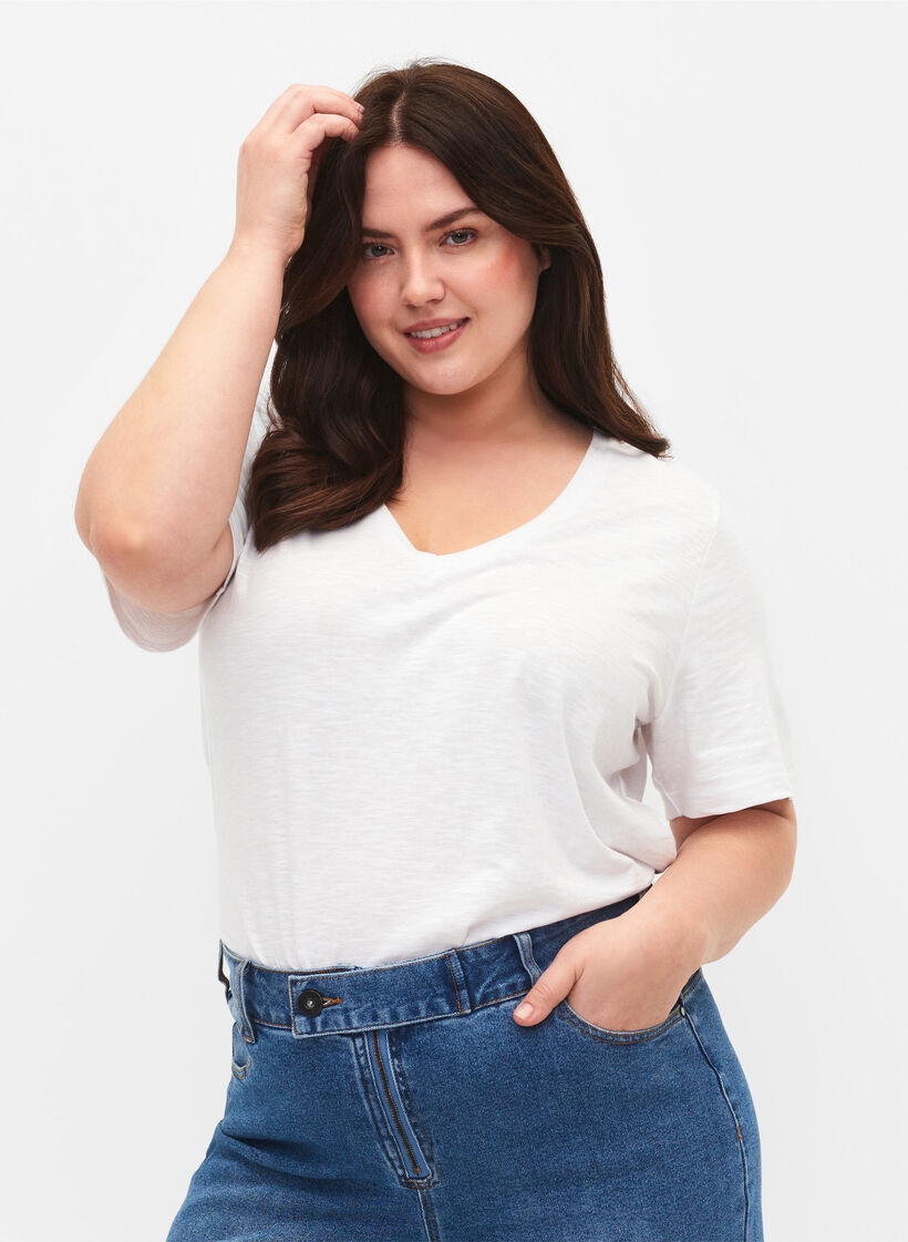 T-shirt basique &agrave; manches courtes et col en V, Blanc, Model image number 0