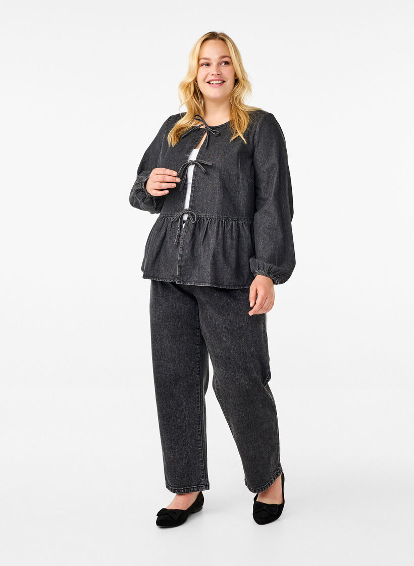  Chemisier à basque en denim avec lien à nouer, Gris anthracite, Model image number 1