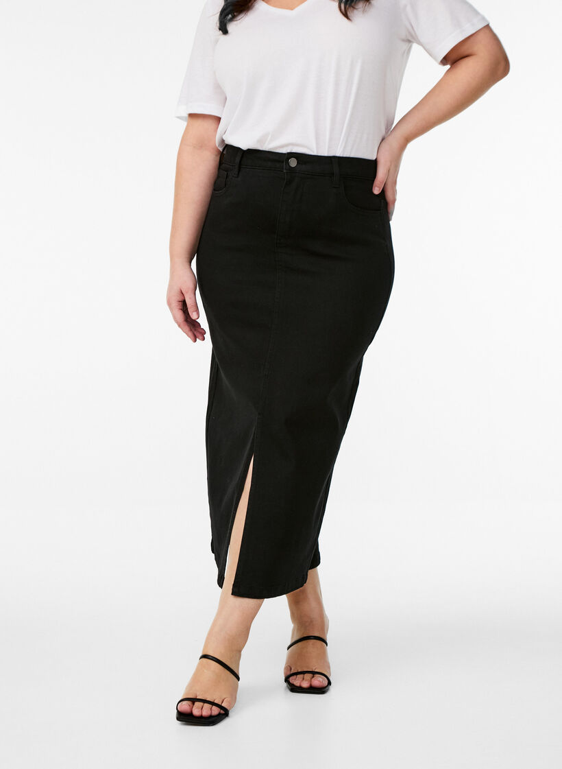 FLASH - Jupe mi-longue en denim avec une fente &agrave; l&rsquo;avant, Noir, Model image number 2