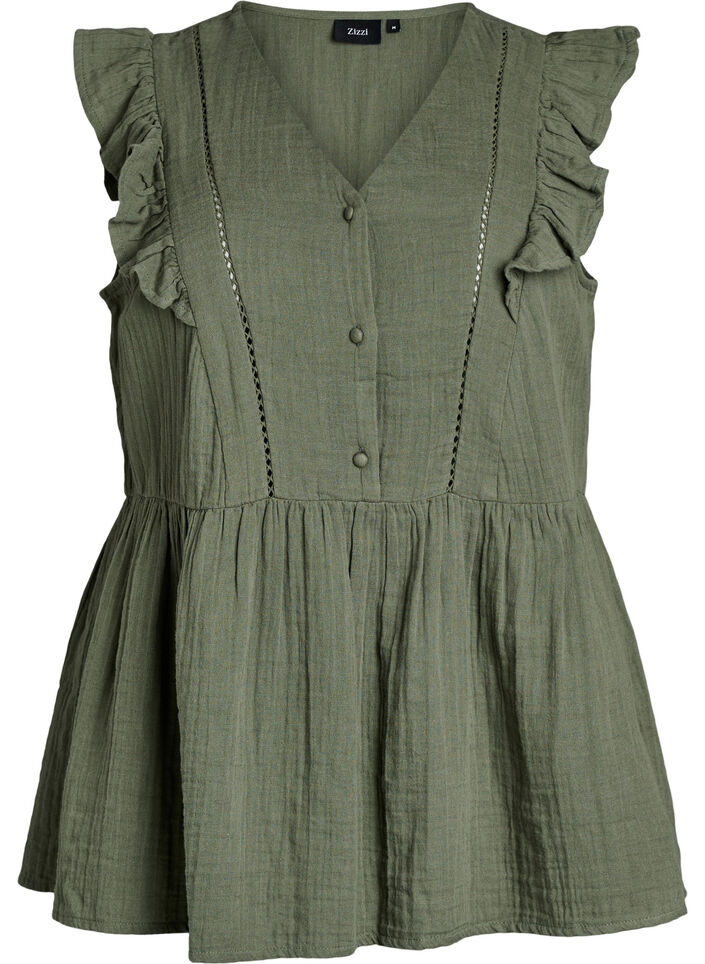 Blouse sans manches en mousseline de coton avec volants, Vert, Packshot image number 0