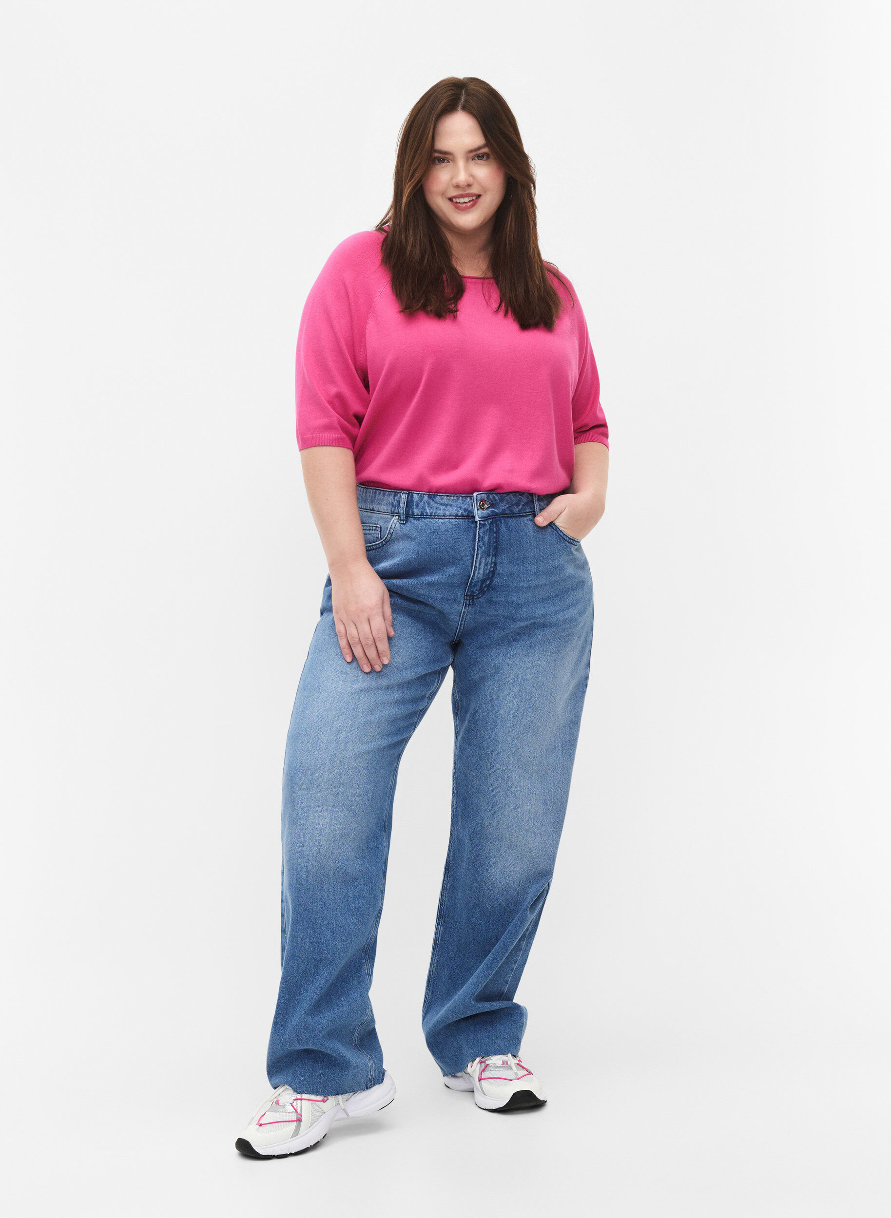 Zizzi Chemisier tricot en viscose avec manches 3/4, Raspberry Rose, Model image number 2