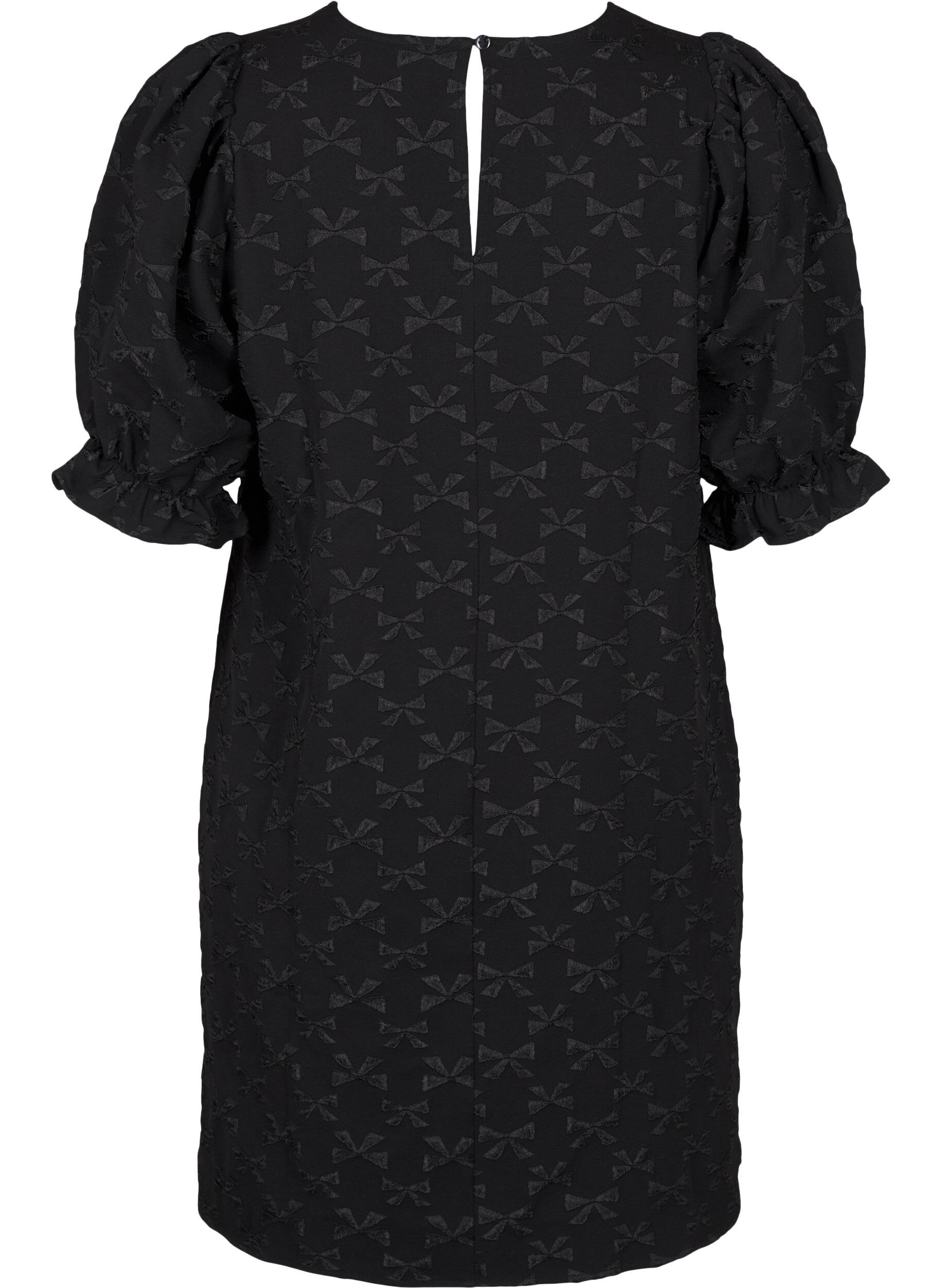 Zizzi Robe jacquard courte avec des n&oelig;uds, Black W. Bow, Packshot image number 1