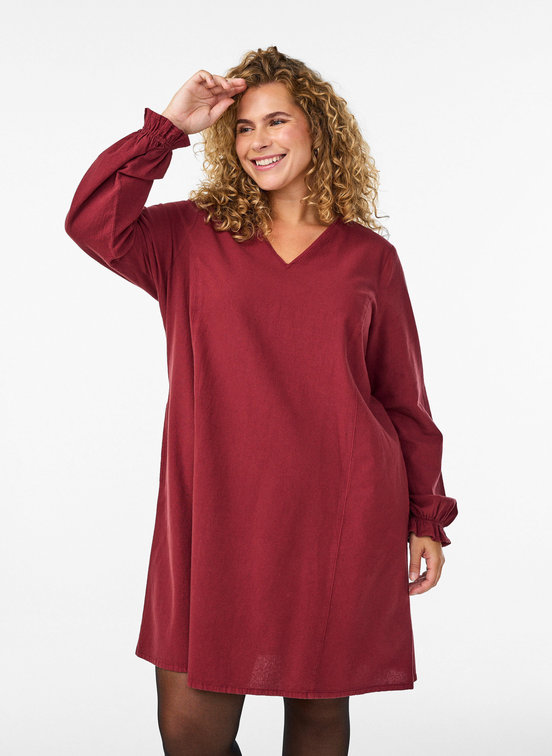 Robe courte en coton avec col en V, Bordeaux fonc&eacute;, Model