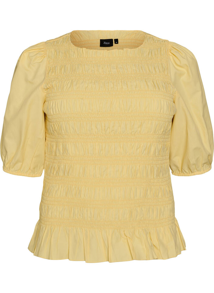 Blouse smock&eacute;e avec ourlet &agrave; volants et col bateau, Jaune clair, Packshot image number 0