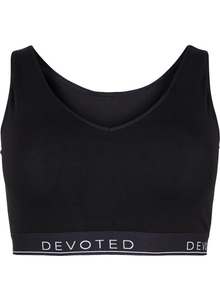 Soutien-gorge en coton &agrave; encolure en V et imprim&eacute; de texte, Noir, Packshot image number 0
