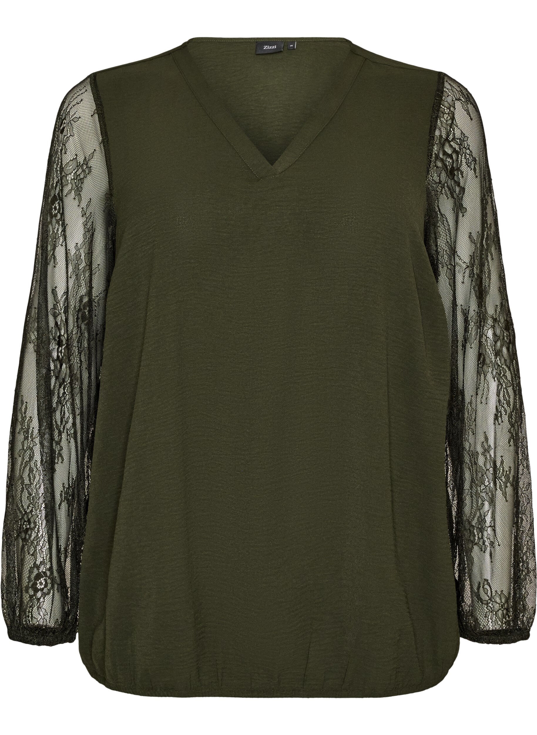 ZizziBlouse avec manches en dentelle et coupe ballon, Vert fonc&eacute;, Packshot image number 0