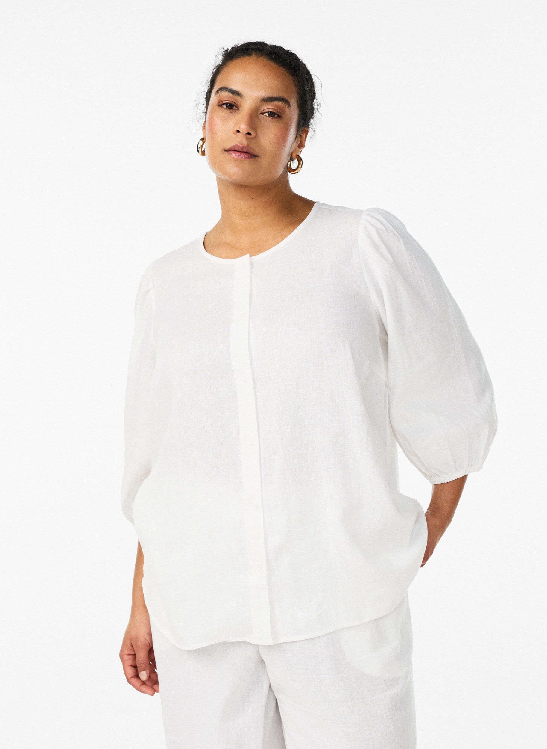 Zizzi Chemisier en lin et viscose avec manches 3/4, Blanc, Model image number 0