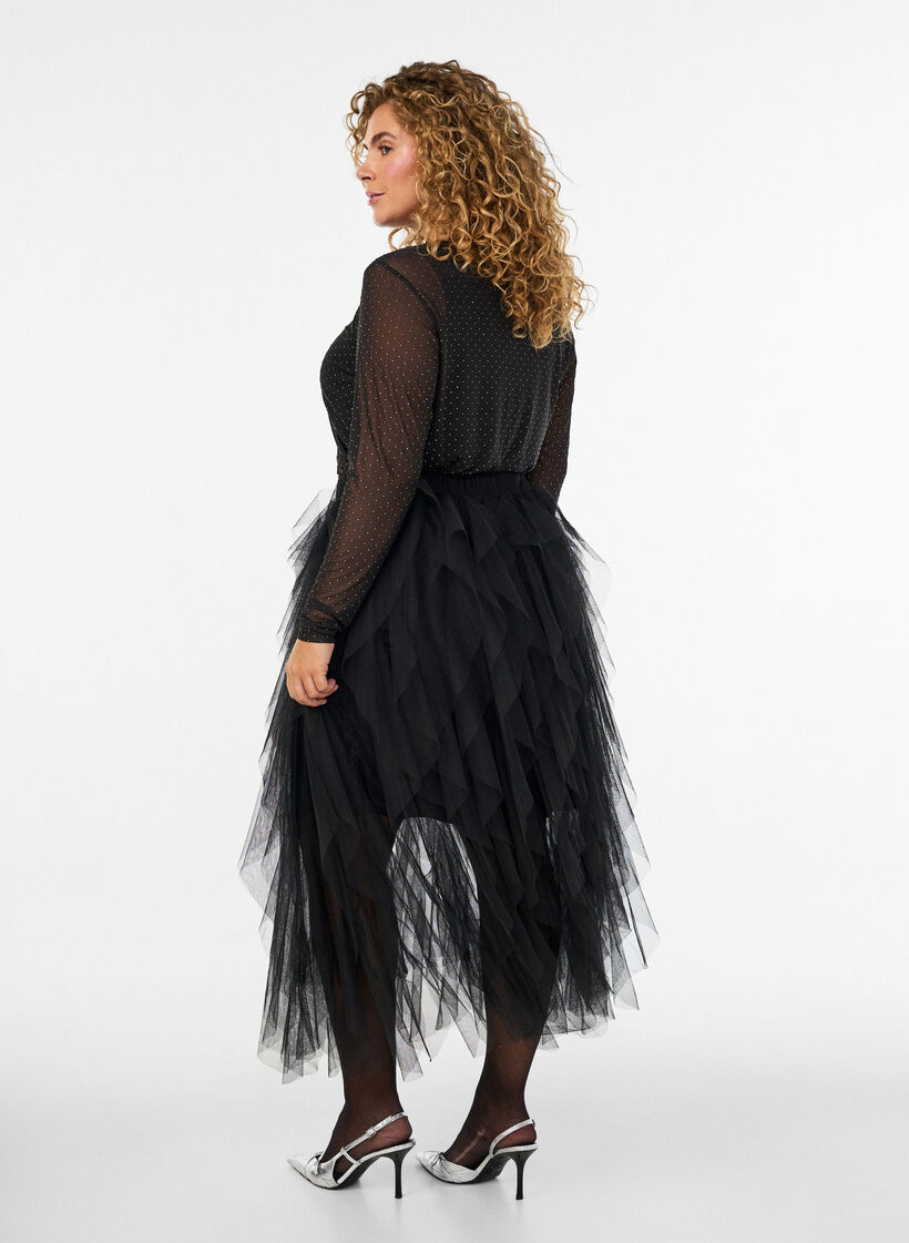 Jupe midi en tulle avec ceinture &eacute;lastique, Noir, Model image number 1