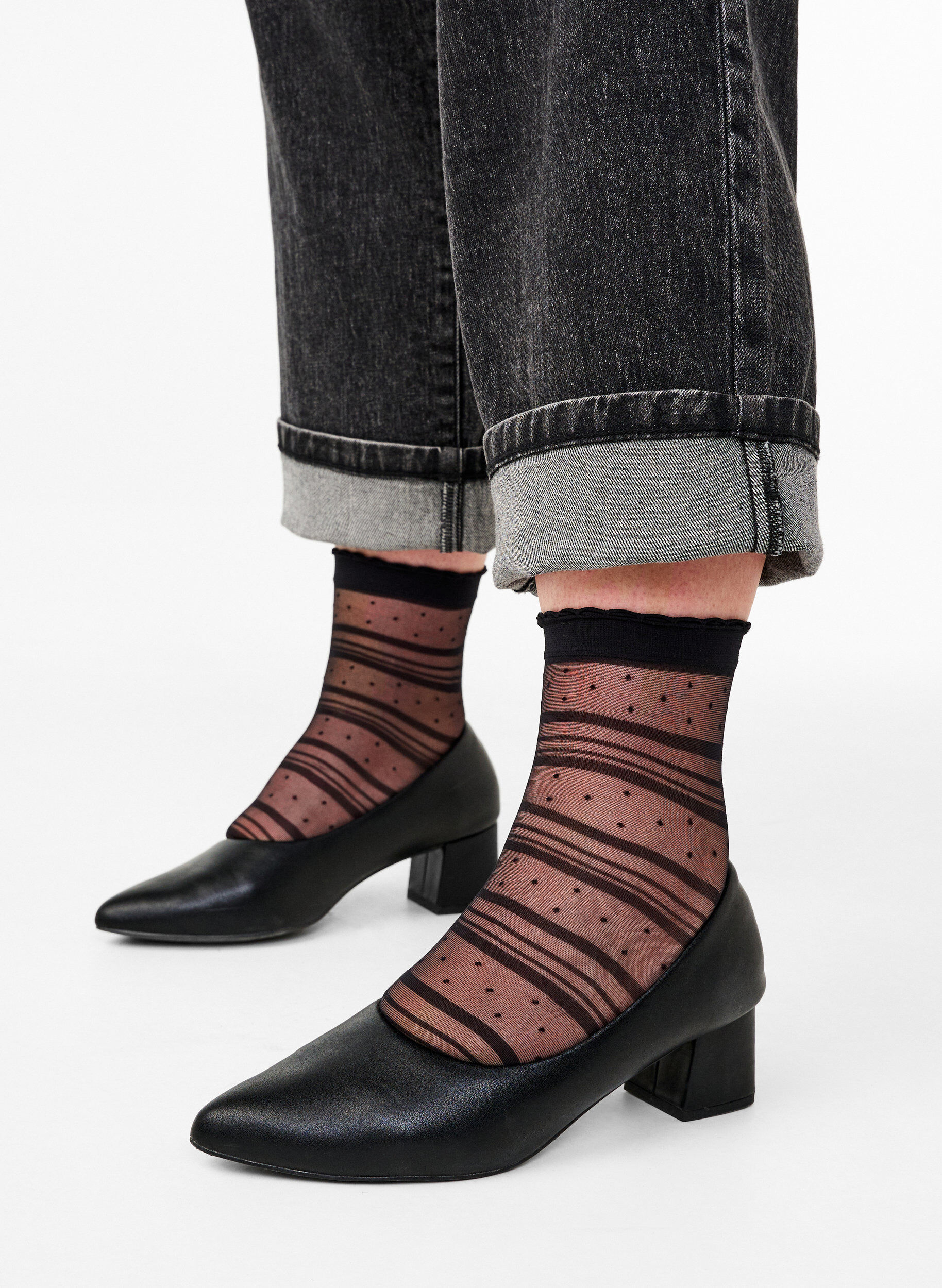 Zizzi 2-pack socquettes &agrave; rayures et &agrave; pois, Black Dot, Model image number 0