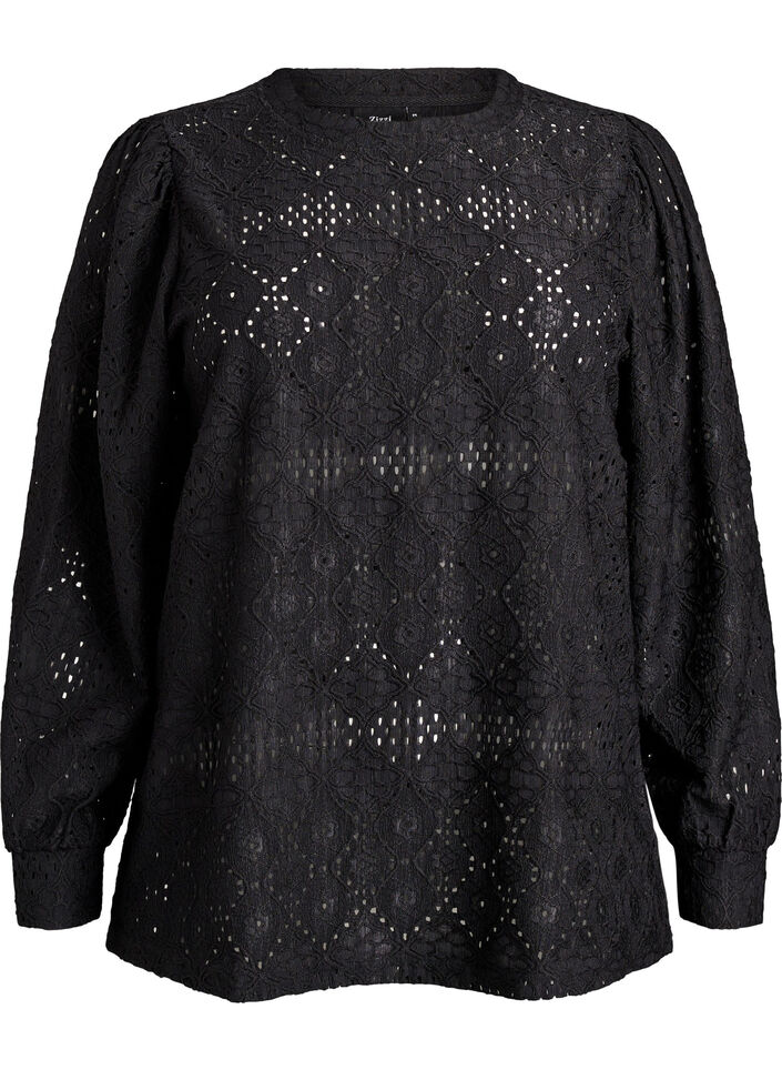 Blouse à manches longues avec broderie ajourée, Noir, Packshot image number 0