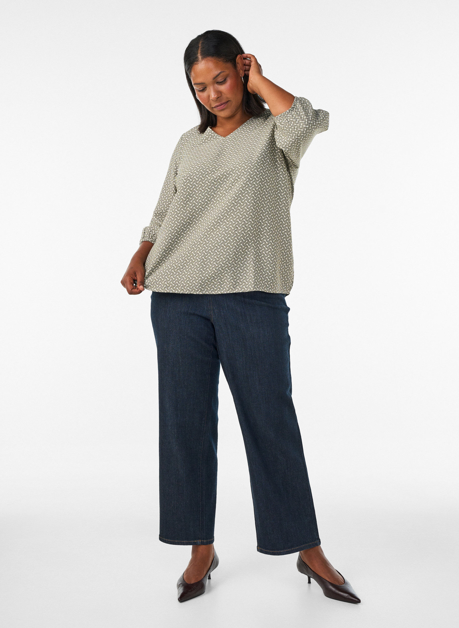 ZizziBlouse imprim&eacute;e en viscose avec manches 3/4, Vert Kaki, Model image number 1