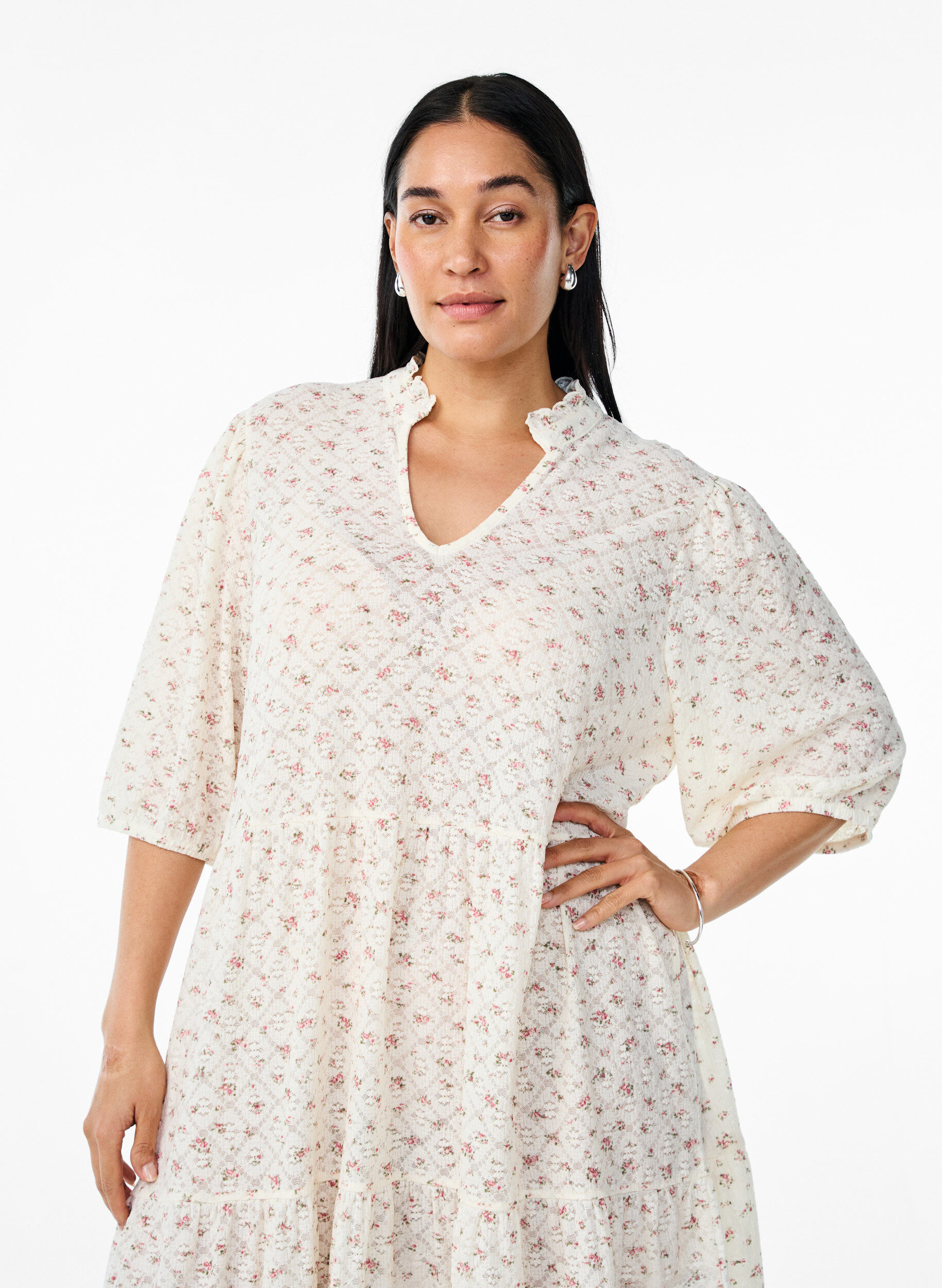 Zizzi Robe courte A-line avec des manches 1/2, Blanc, Model image number 2