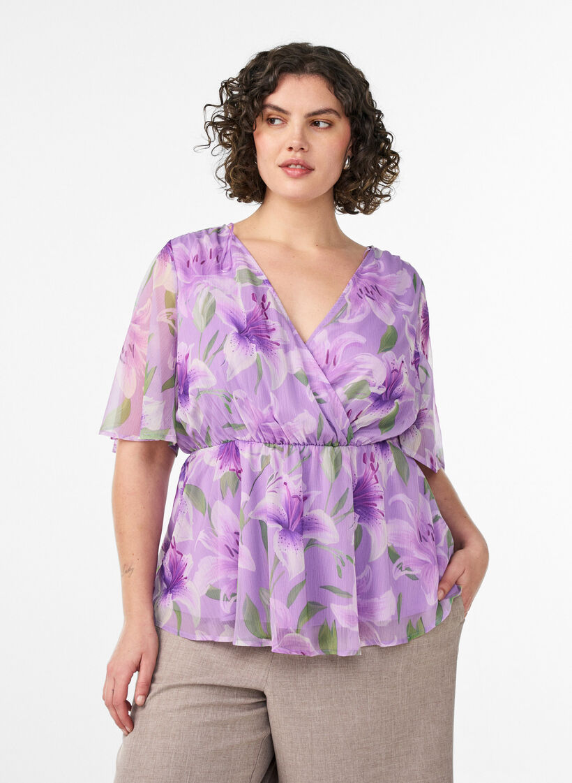 Chemise en mousseline &agrave; imprim&eacute; floral et manches courtes, Mauve, Model image number 0