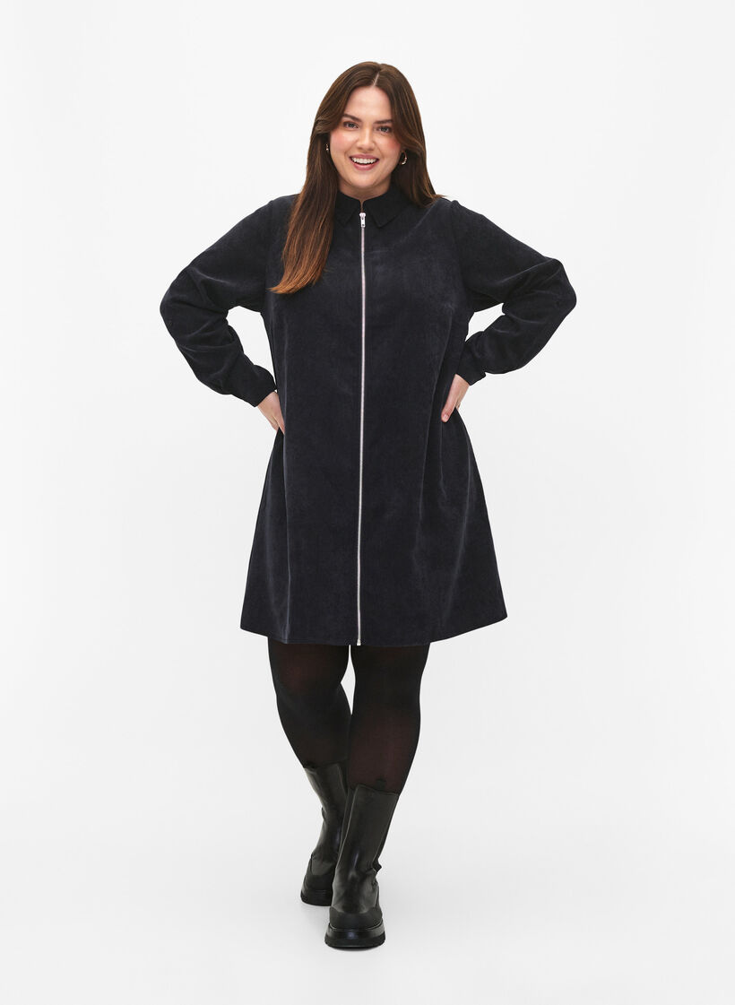 Robe en velours avec fermeture &Eacute;clair et manches 3/4, Noir, Model image number 1