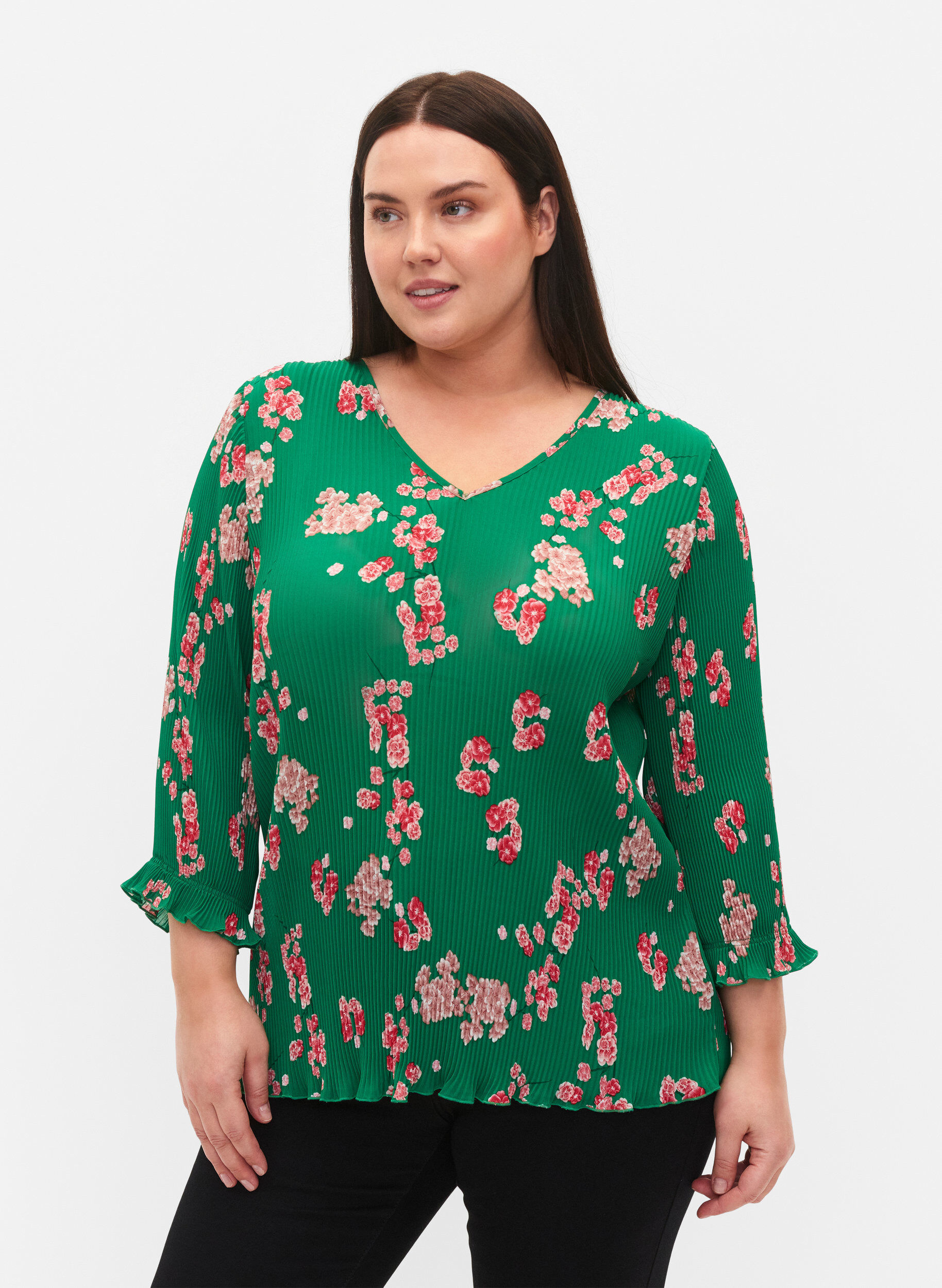 Zizzi Blouse pliss&eacute;e &agrave; manches 3/4, Jolly Green Flower, Model image number 0