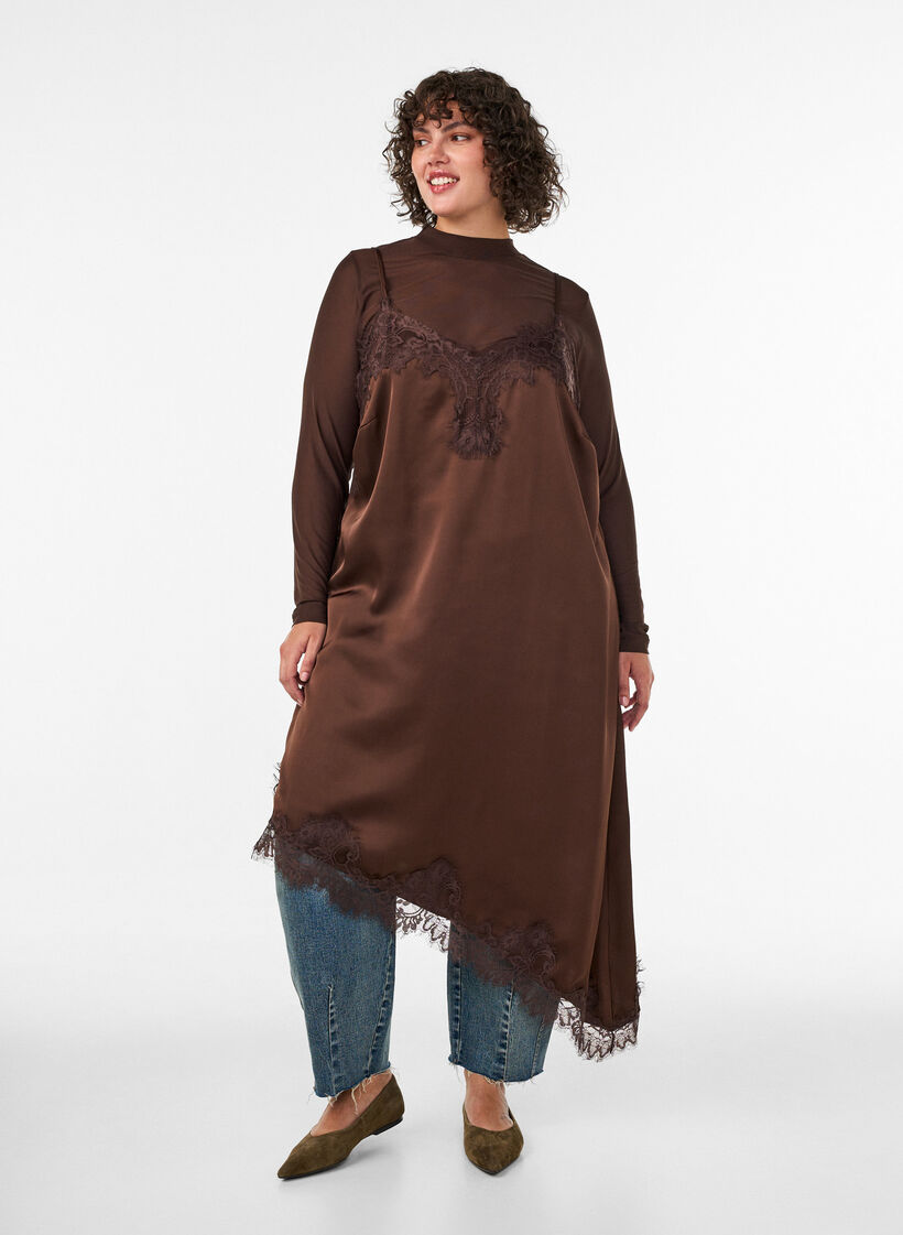 Robe en satin avec dentelle et ourlet asym&eacute;trique, Marron, Model image number 1