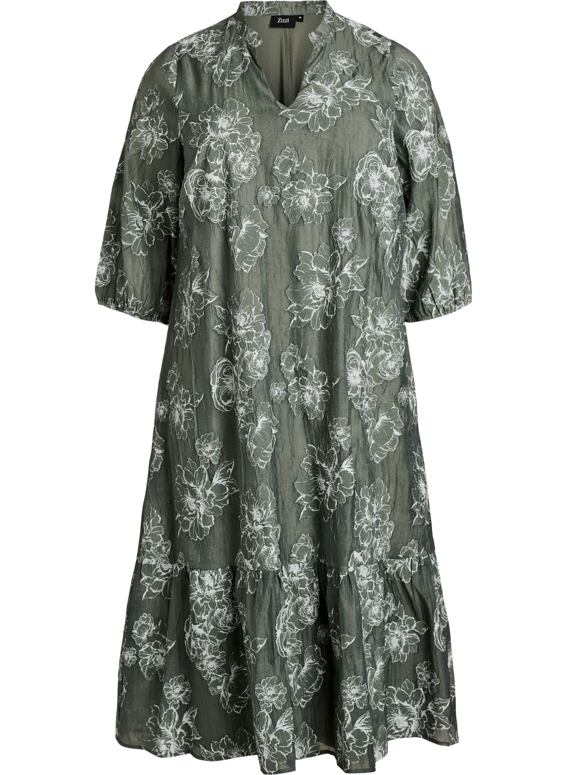 Zizzi Robe midi &agrave; imprim&eacute; floral et manches 3/4 transparentes, Vert, Packshot image number 0