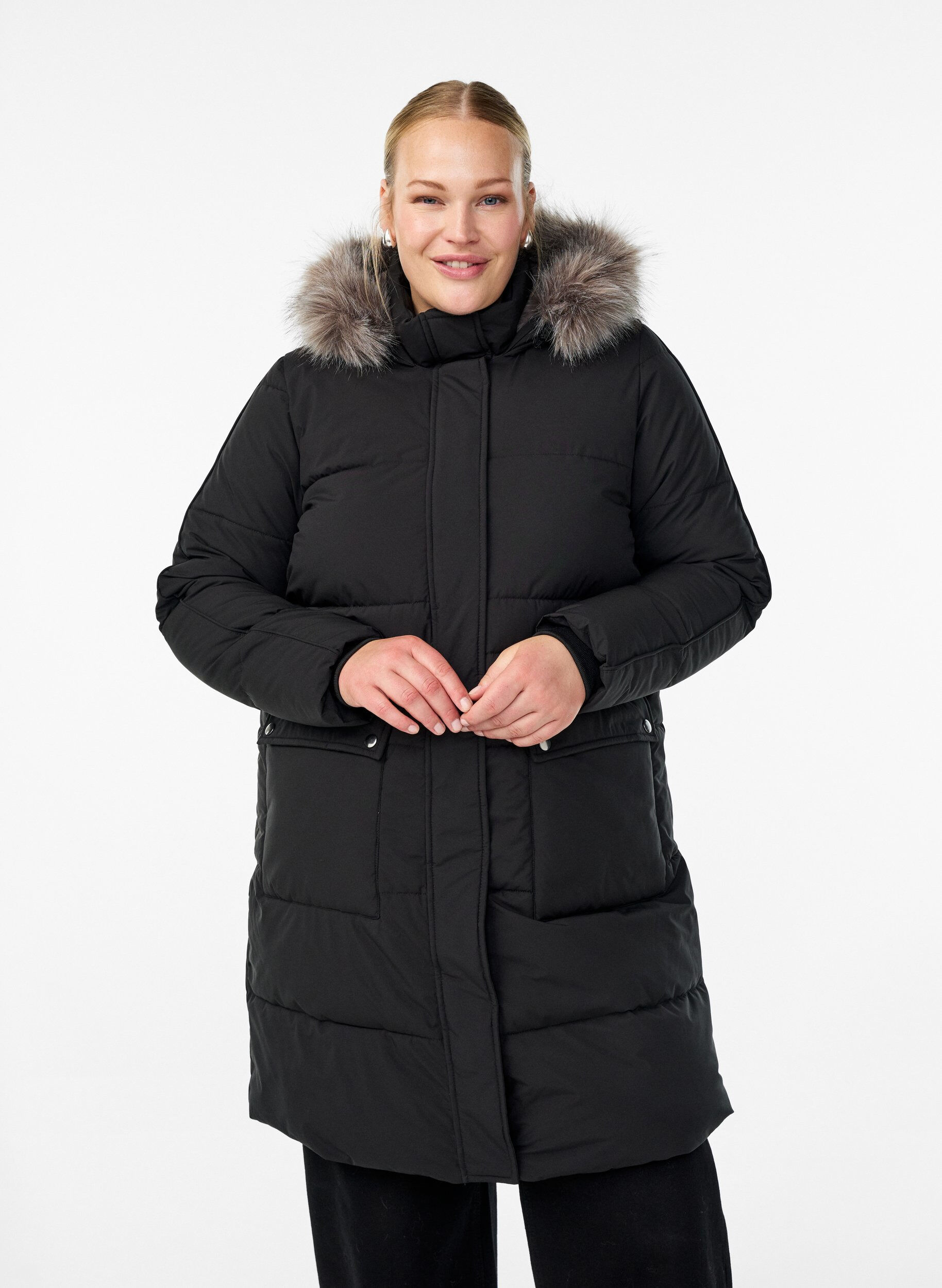 Parka d&eacute;perlante avec col en fausse fourrure, Noir, Model