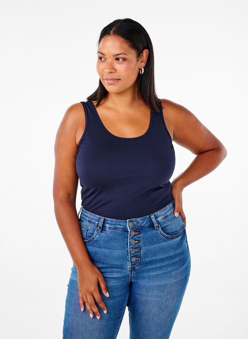 Top basique de couleur unie en coton, Bleu, Model image number 0