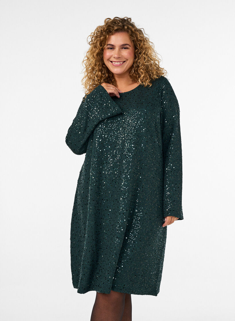Robe courte en sequins &agrave; la coupe trap&egrave;ze, Vert fonc&eacute;, Model image number 0