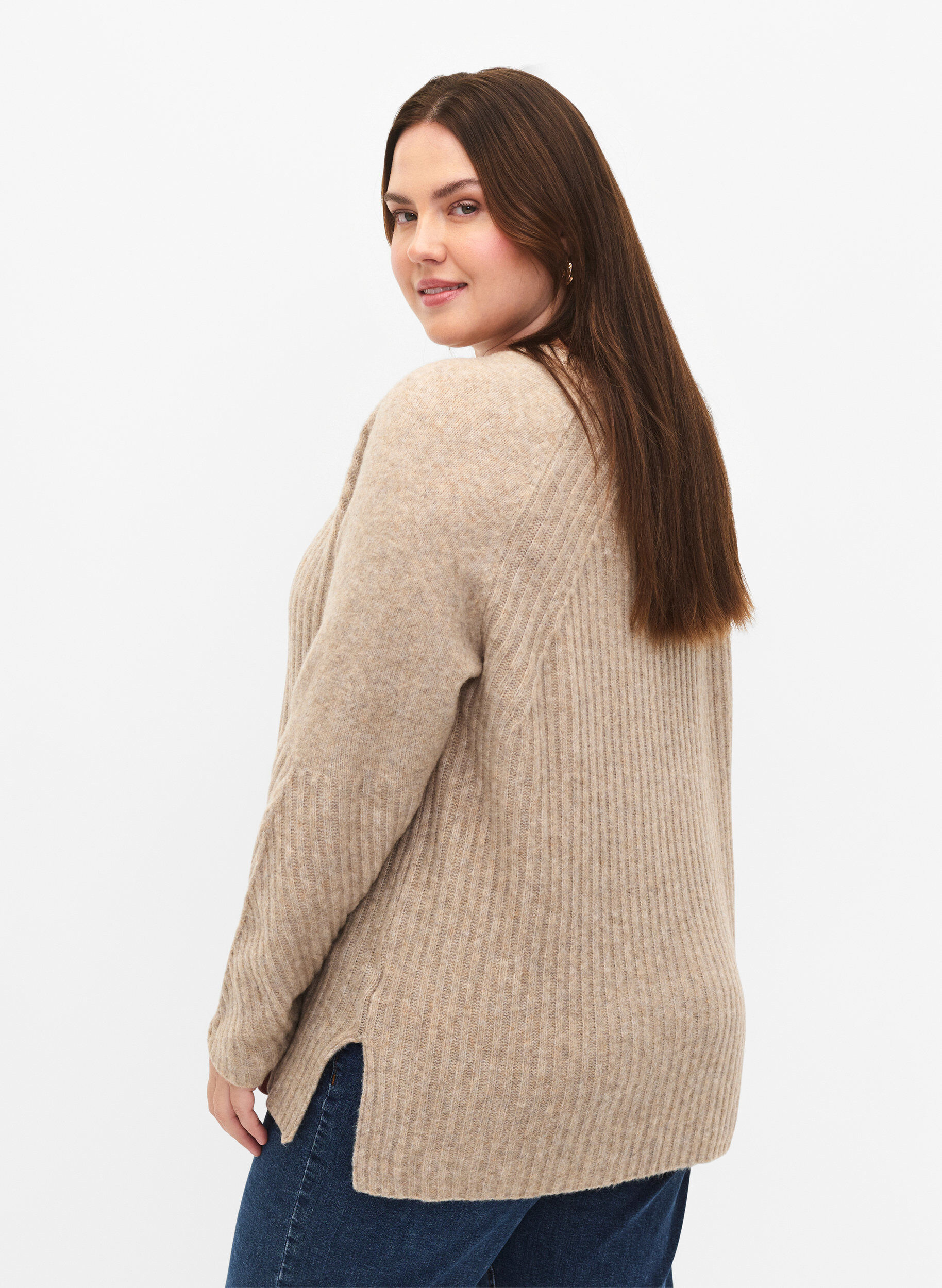Zizzi Pull en tricot avec fente, Simply Taupe Mel., Model image number 1