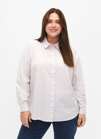 Chemise à manches longues en coton, White Taupe Stripe, Model