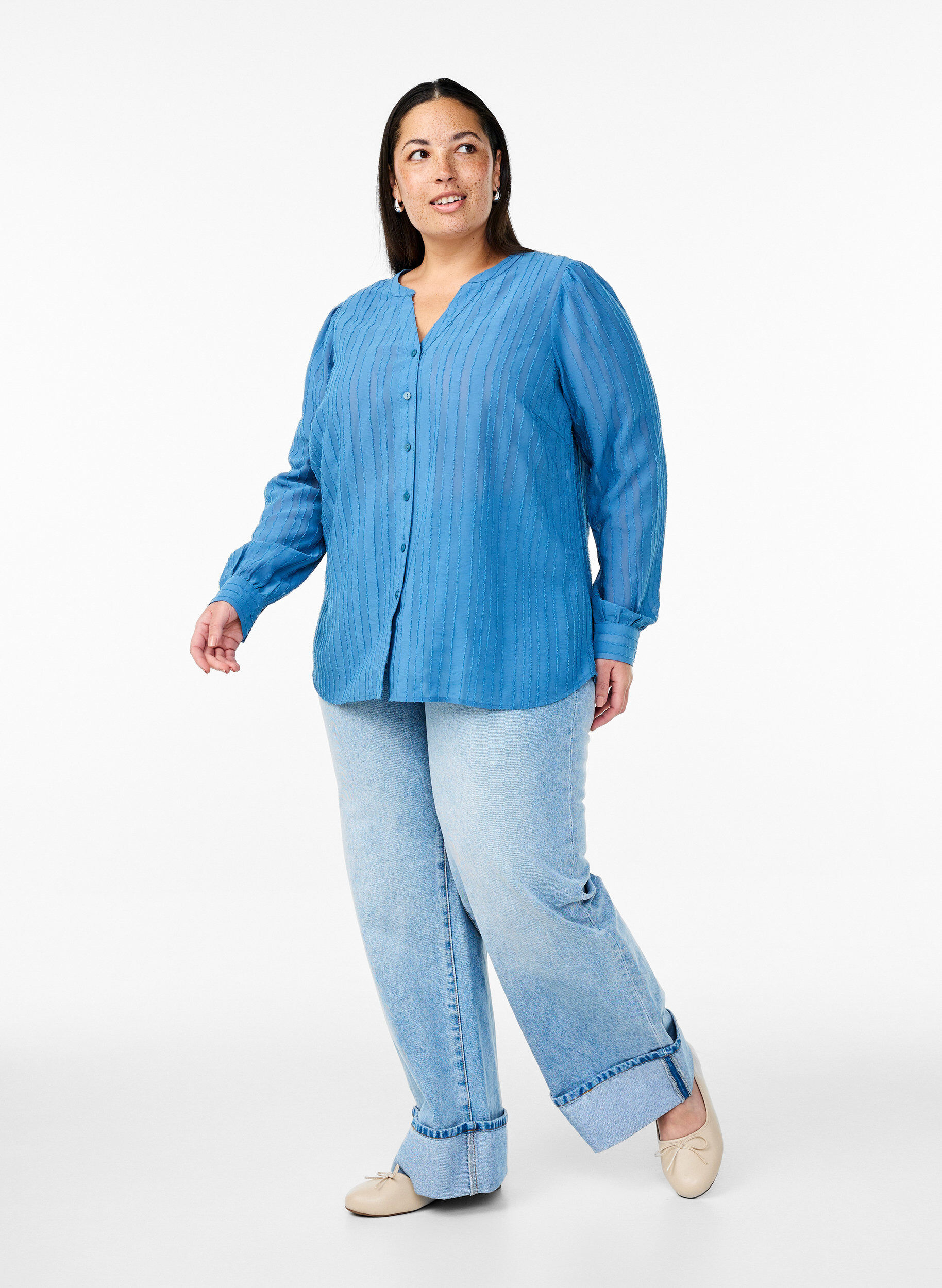 Zizzi Chemisier ray&eacute; &agrave; bandes transparentes, Bleu, Model image number 1