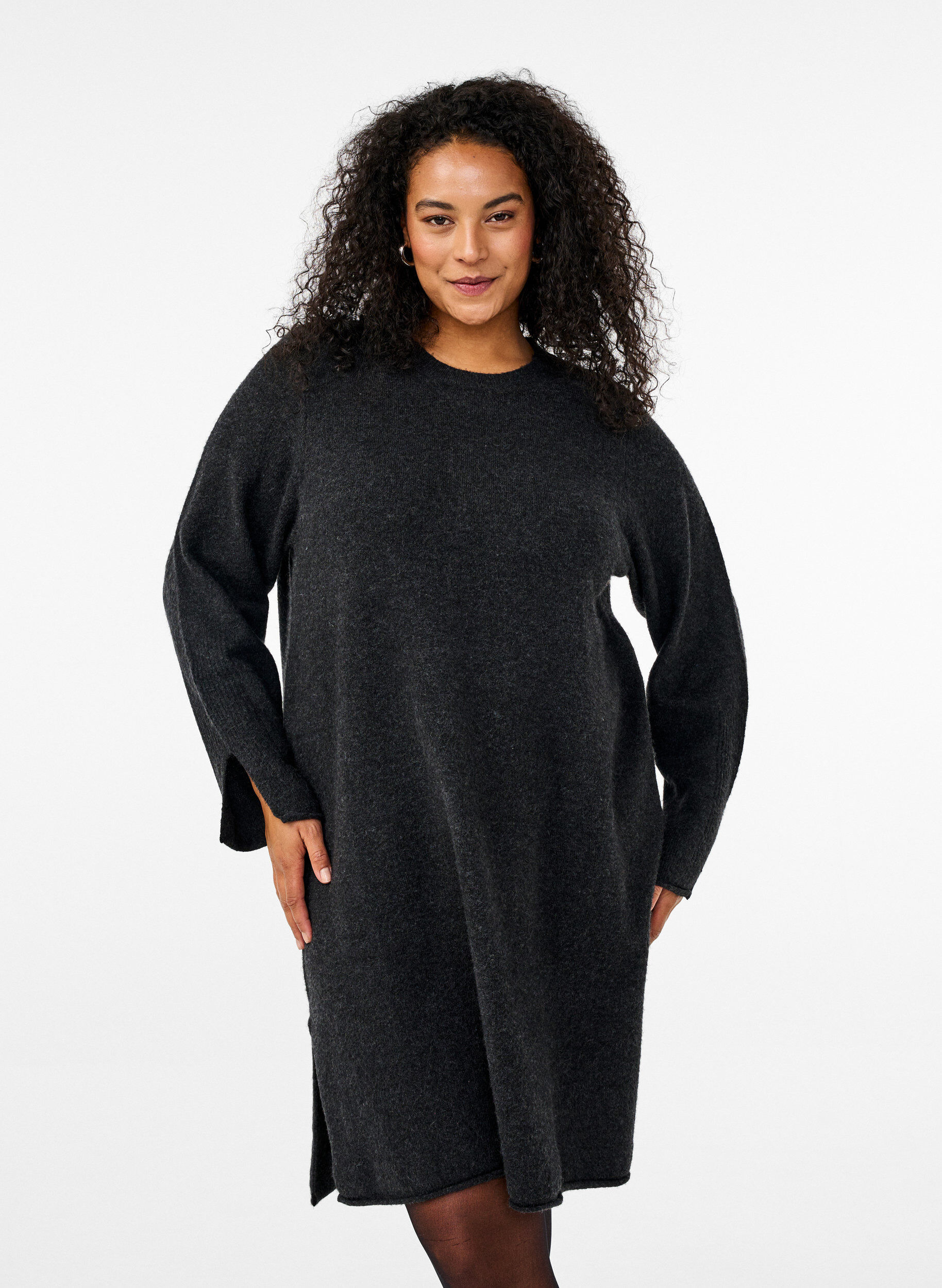 Zizzi Robe en tricot avec des fentes, Dark Grey Melange, Model image number 0