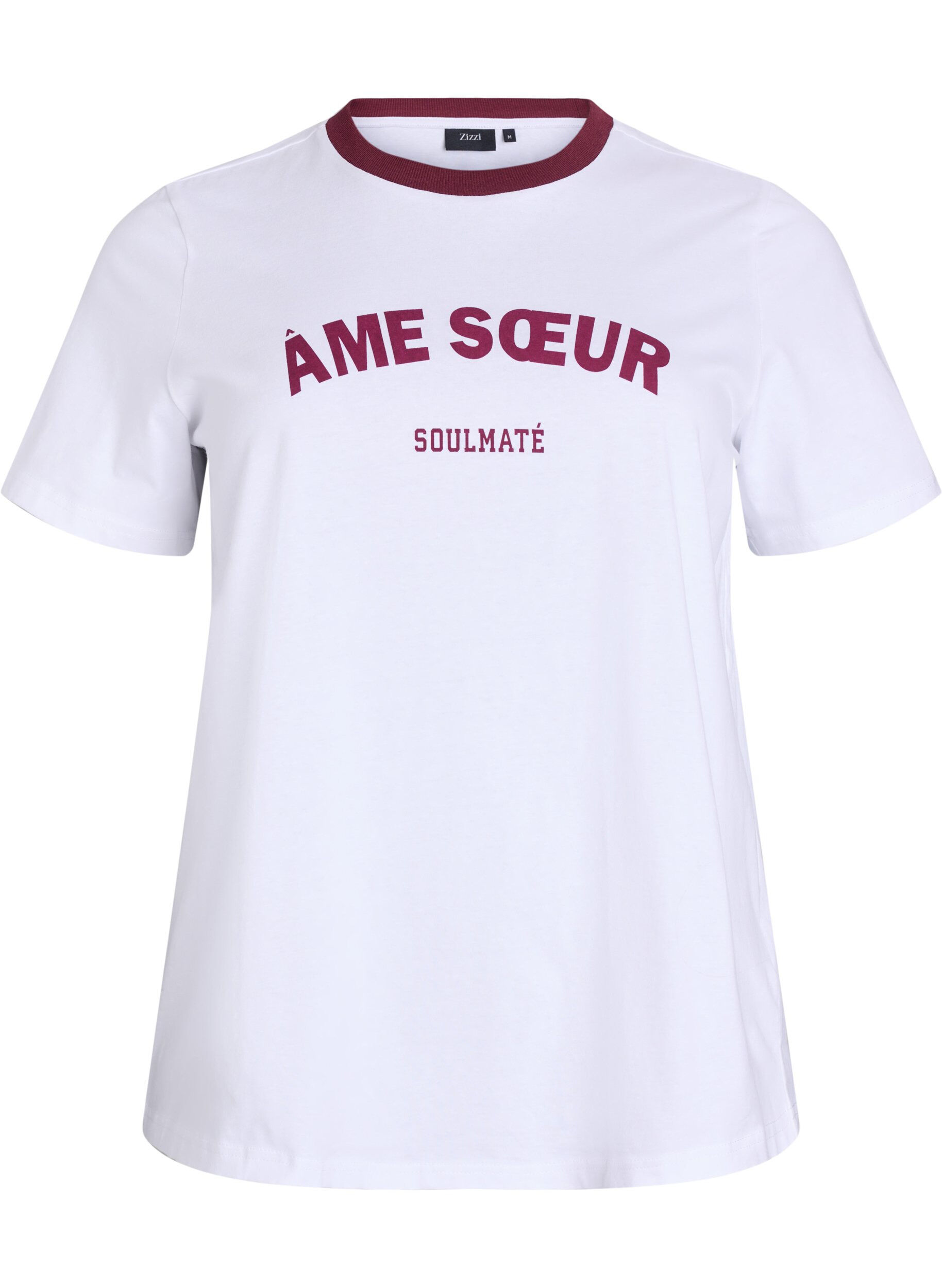 Zizzi T-shirt avec imprim&eacute; de texte et bordure contrast&eacute;e, Blanc, Packshot image number 0