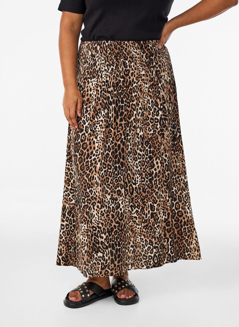 Jupe longue en viscose avec smocks, Marron, Model image number 2