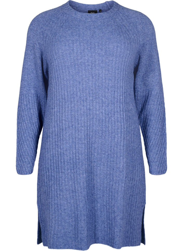 Robe en tricot côtelé avec fente, Gray Blue Mel., Packshot image number 0