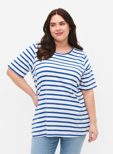 T-shirt en coton rayé, Blue Stripes, Model image number 0