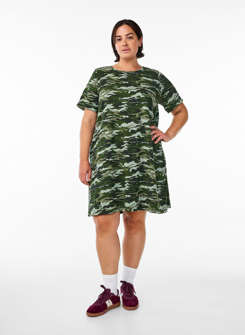 Robe T-shirt courte en jersey de coton, Vert Kaki, Model image number 1