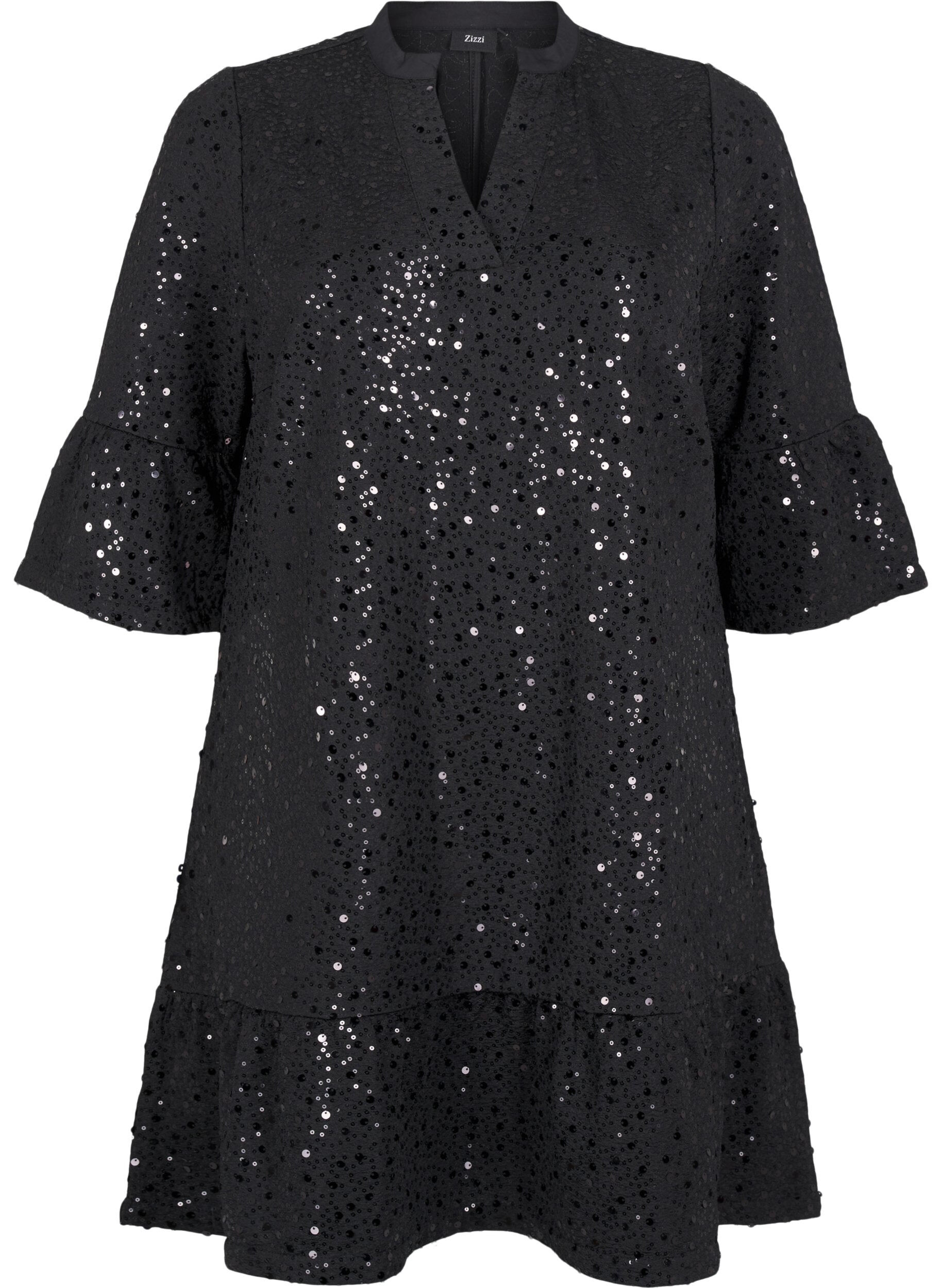 Zizzi Robe &agrave; paillettes avec col en V et manches 3/4, Black w. Bl. Sequins, Packshot image number 0