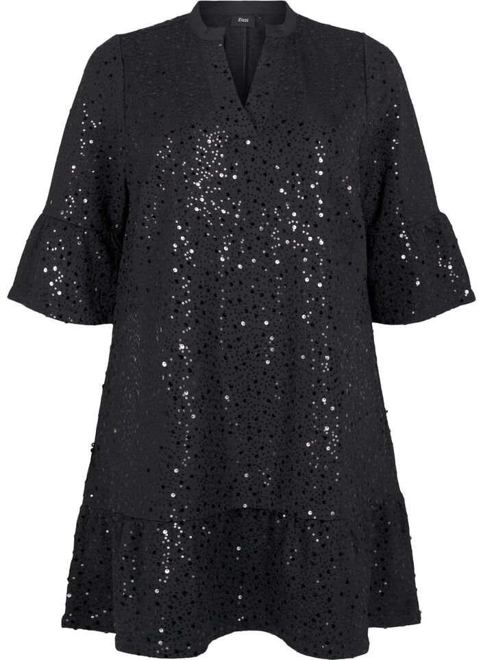 Robe à paillettes avec col en V et manches 3/4, Black w. Bl. Sequins, Packshot image number 0
