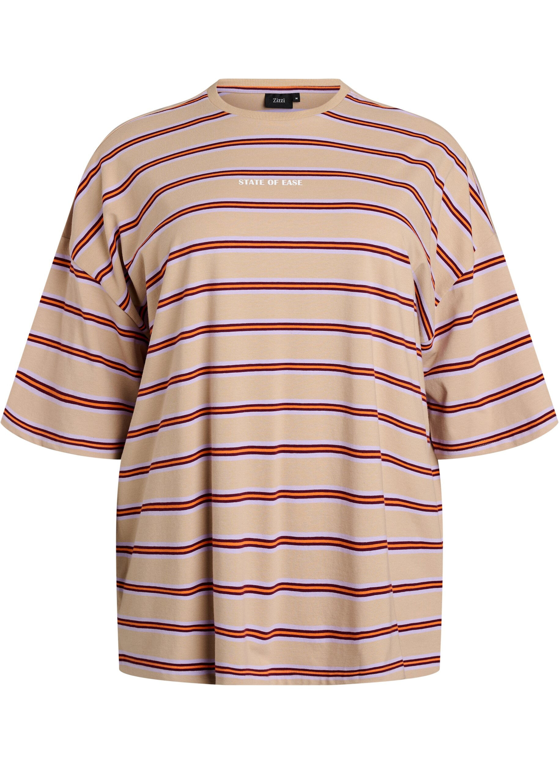 ZizziT-shirt oversize &agrave; rayures et manches 1/2, Beige, Packshot image number 0