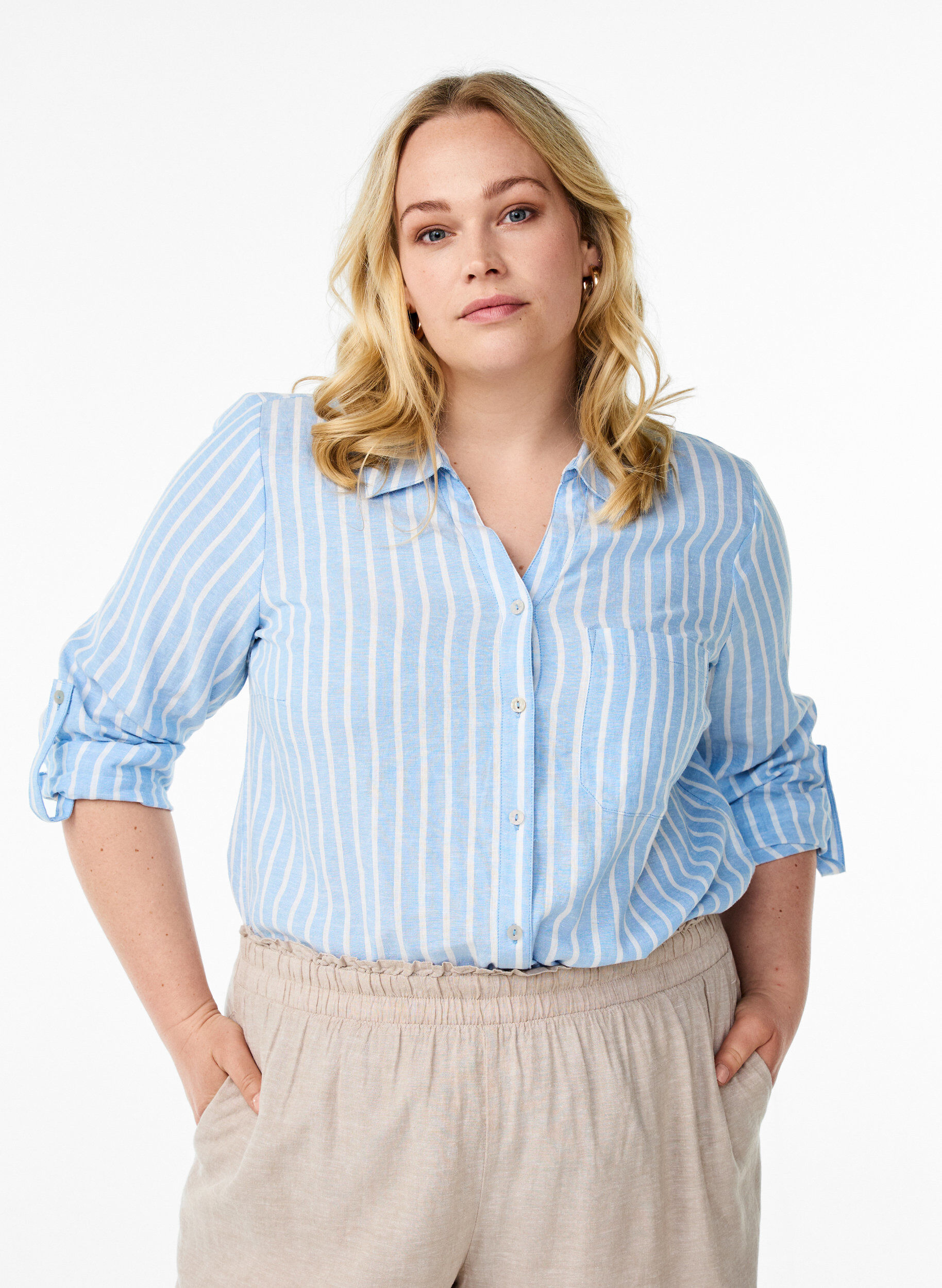 ZizziChemise en lin et viscose avec manches 3/4, Bleu Clair, Model image number 0
