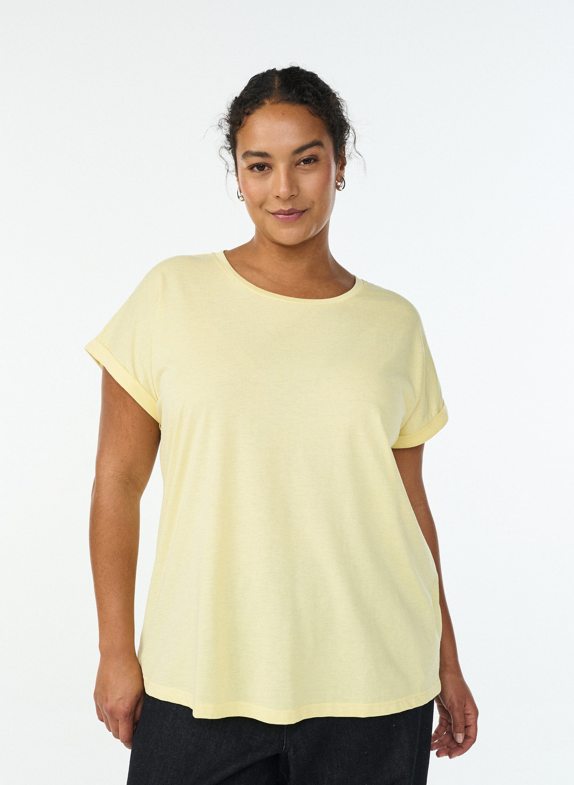 T-shirt &agrave; manches courtes en coton m&eacute;lang&eacute;, Jaune clair, Model